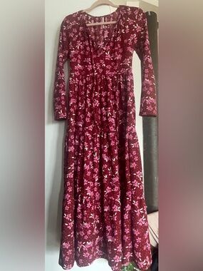 Free People Floral Long-Sleeve Burgundy & Pink Tiered Dress